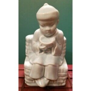 Vintage 1950s Blue Ceramic Vase Planter Chinese Monk In Traditional Costume